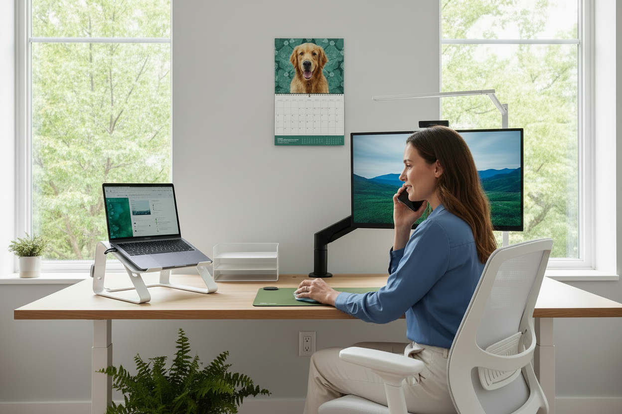 Femme travaillant au téléphone à son bureau ergonomique